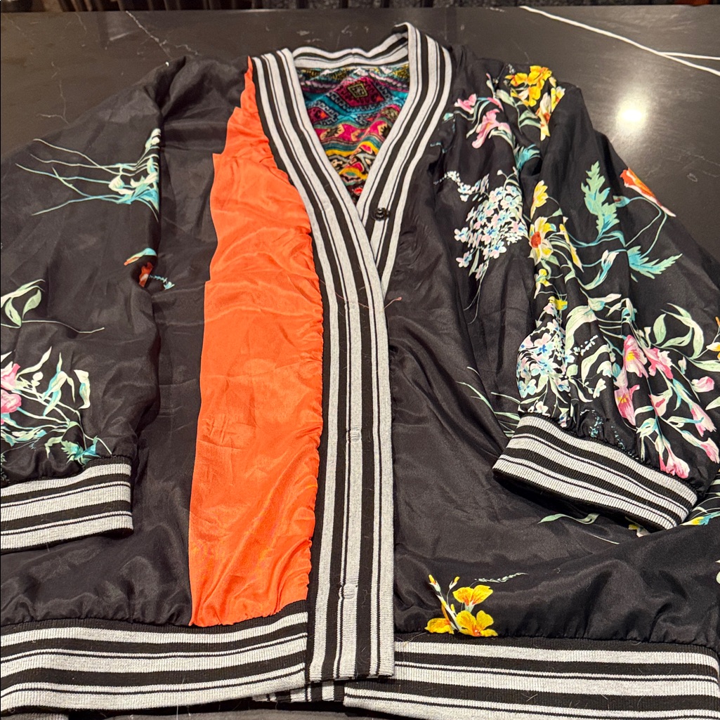 Johnny Was Reversible Silk Bomber Jacket Floral And Aztec Geo, Size L Xl Xxl 1x